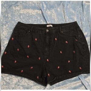 Forever 21 Black Jean Shorts with Red Strawberry Embroidery